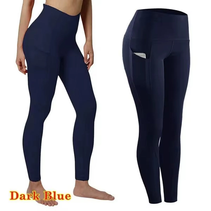 High Waist Elastic Workout Women Yoga Leggings Tummy Control Ruched Booty with Pocket Pants Seamless Gym Compression Tights