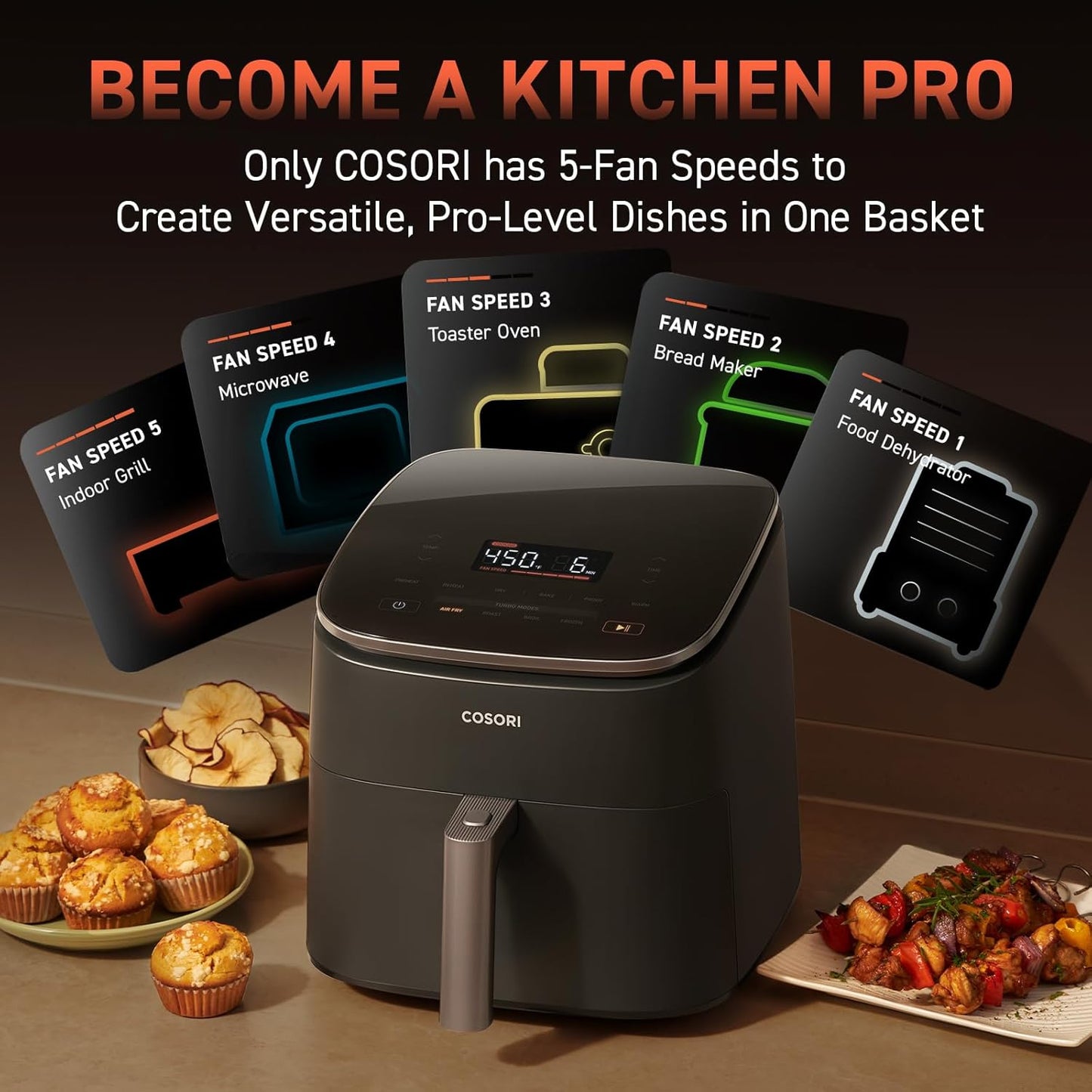 Air Fryer 9-In-1, Compact & Large 6-Qt, Fast Turbo Modes, 90°–450°F Even Results with Precise Temperature Control, up to 95% Less Oil*, Roast, Bake, Dry, Reheat, Frozen, Broil, Proof, Grey