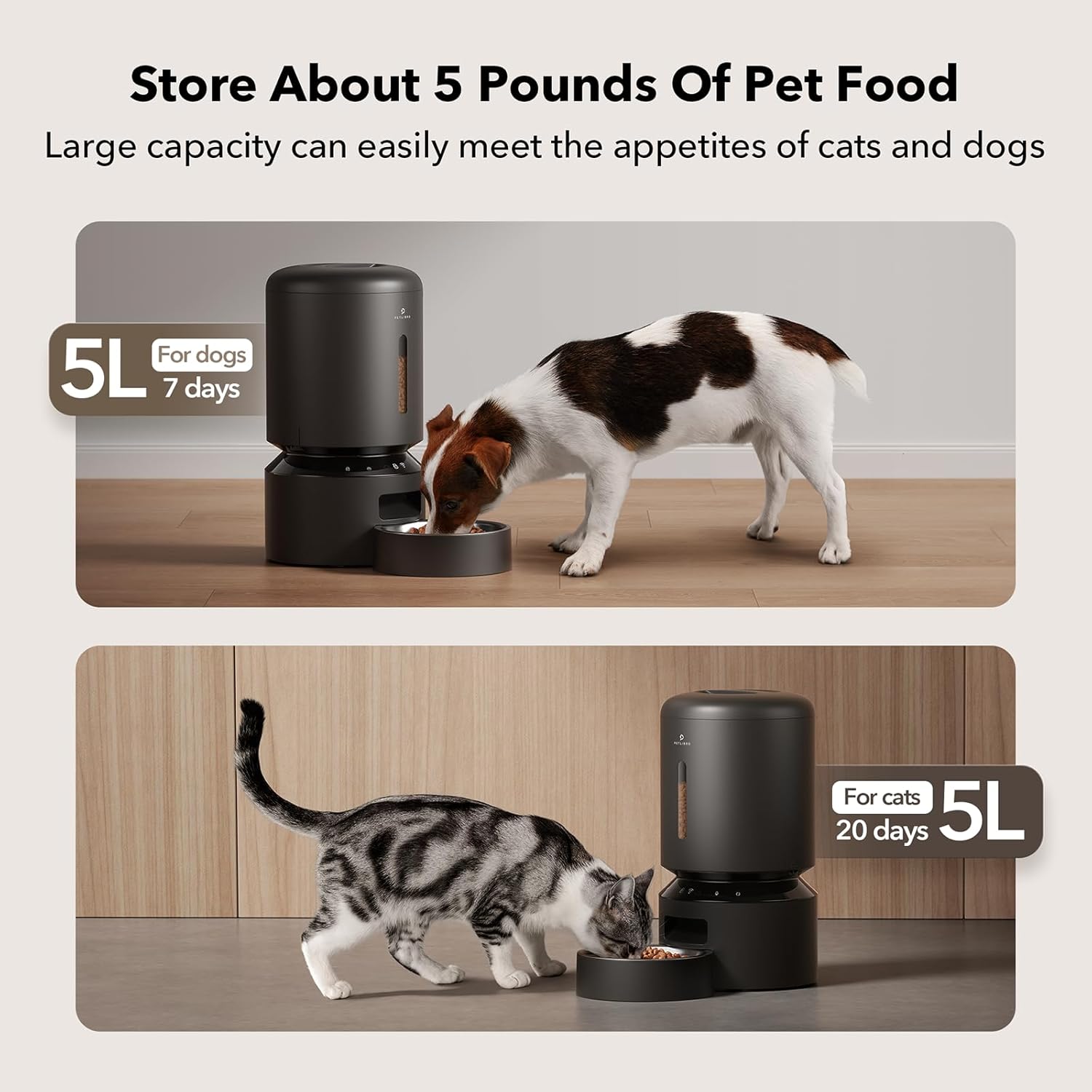 Automatic Cat Feeder, 5G Wifi Automatic Dog Feeder with Freshness Preservation, 5L Timed Cat Feeder with Low Food Sensor, up to 10 Meals per Day, Granary Pet Feeder for Cats, Black