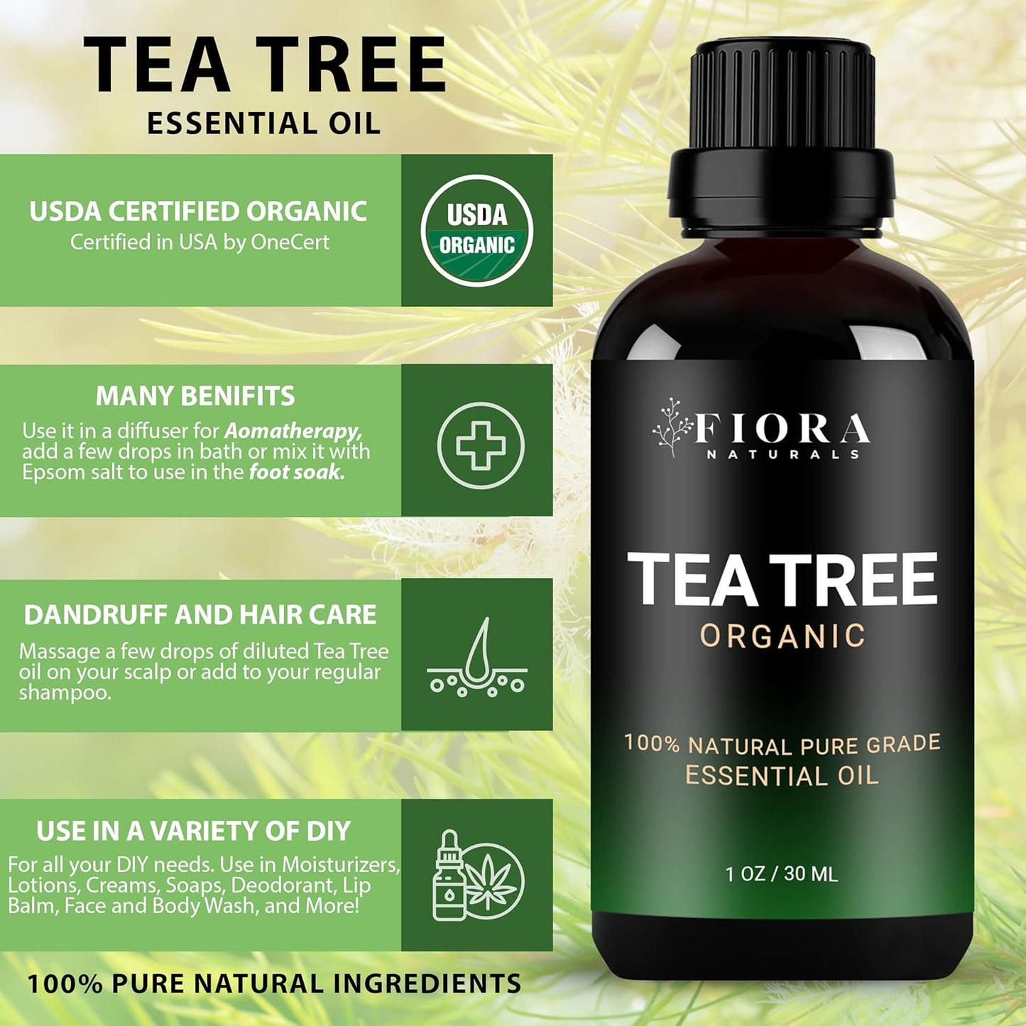 Tea Tree Essential Oil by - 100% Pure Organic Oil, for Face, Hair, Skin, Acne, Scalp, Foot and Toenails. Melaleuca Alternifolia, 1 Oz /30Ml