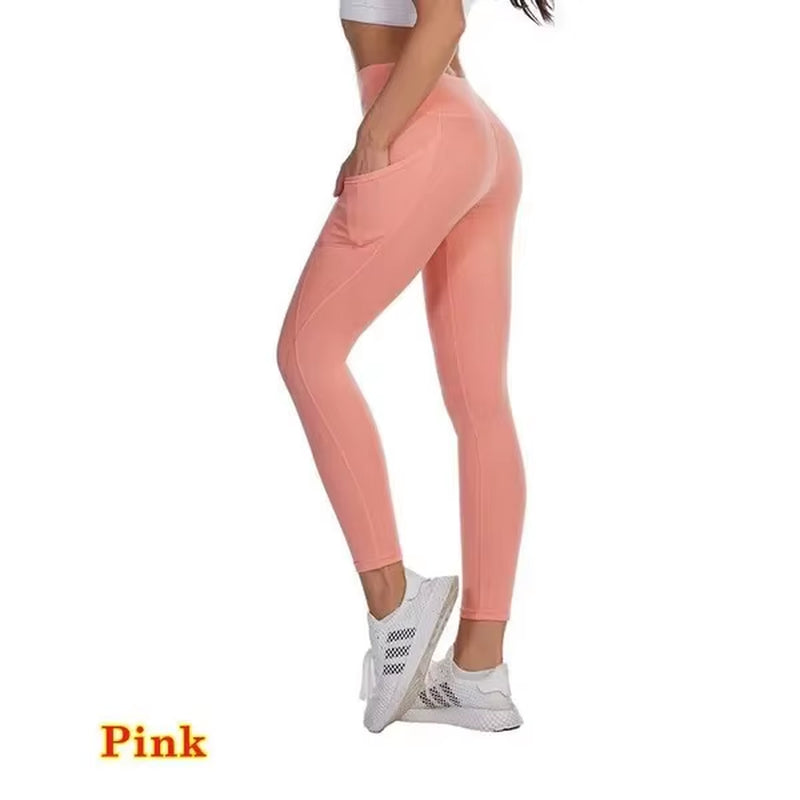 High Waist Elastic Workout Women Yoga Leggings Tummy Control Ruched Booty with Pocket Pants Seamless Gym Compression Tights