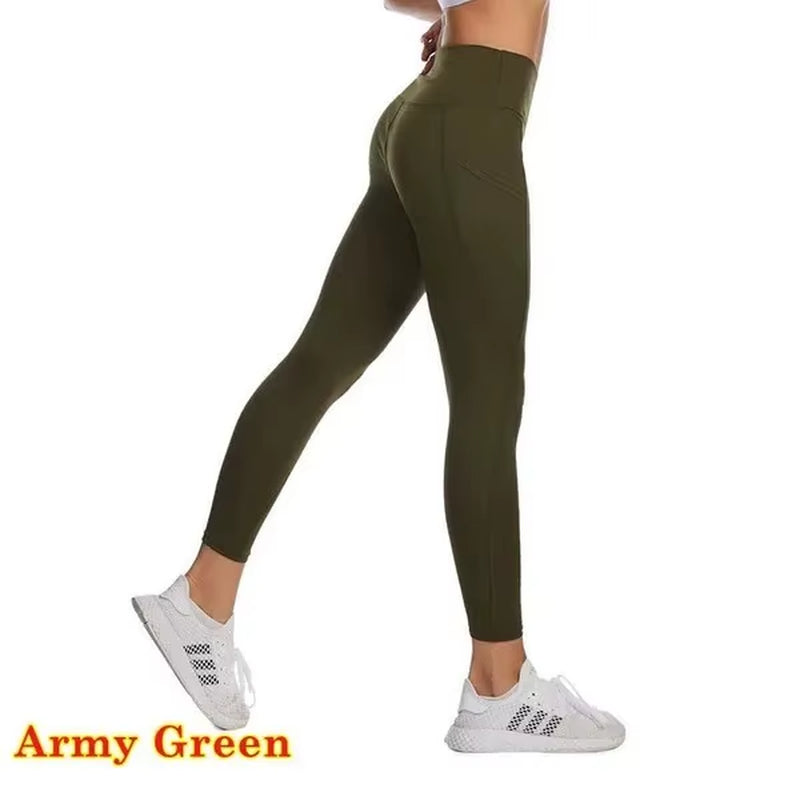 High Waist Elastic Workout Women Yoga Leggings Tummy Control Ruched Booty with Pocket Pants Seamless Gym Compression Tights