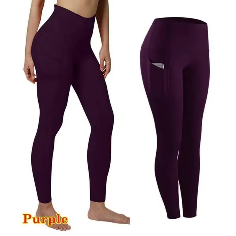 High Waist Elastic Workout Women Yoga Leggings Tummy Control Ruched Booty with Pocket Pants Seamless Gym Compression Tights