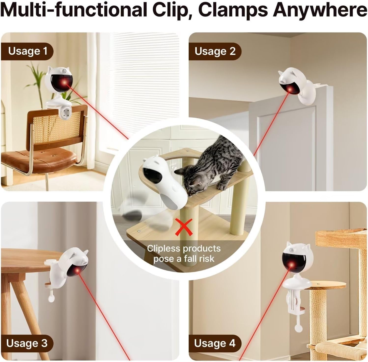 Smart Sensor Cat Laser Toys Interactive, Motion Activated Truly Random Trjajectory, Clamp Design, Automatic Chargeable Kitten Toy Indoor Exercise, Cream White